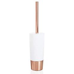 mDesign Decorative Compact Freestanding Plastic Toilet Bowl Brush and Holder for Bathroom Storage and Organization - Metal Handle/Base - Space Saving, Sturdy, Deep Cleaning - White/Rose Gold