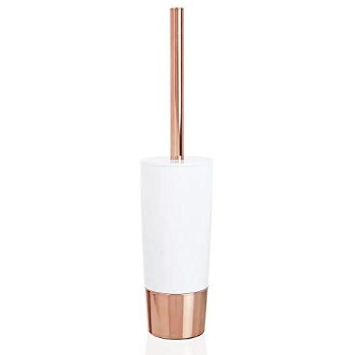 mDesign Decorative Compact Freestanding Plastic Toilet Bowl Brush and Holder for Bathroom Storage and Organization - Metal Handle/Base - Space Saving, Sturdy, Deep Cleaning - White/Rose Gold