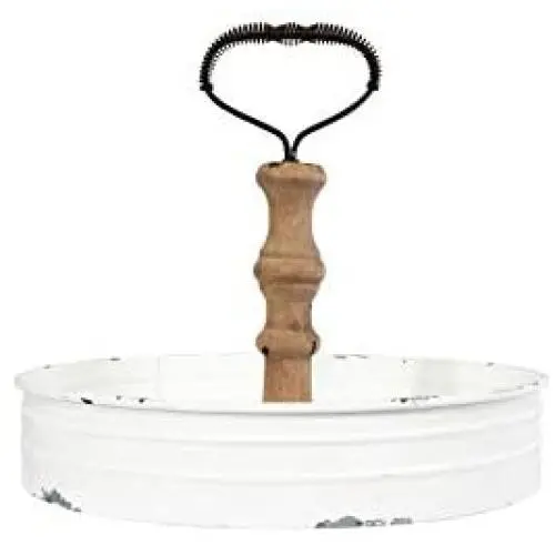 Creative Co-op Round Metal & Wood Handle Decorative Wood Tray, 12'' L x 12'' W x 11'' H, White Creative Co-op Round Metal & Wood Handle Decorative Wood Tray, 12'' L x 12'' W x 11'' H, White