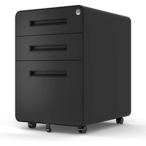 File Cabinet Mobile, Merax 3 Drawer Metal Pedestal Filing Cabinets with 2 Lock Keys, 5 Rolling Casters, Fully Assembled Storage for Home Office Modern Vertical Hanging Folders A4 Letter Size (Black)