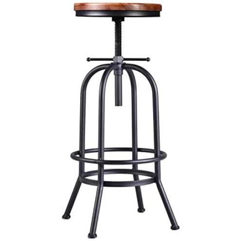 Retro Industrial Bar Stool Solid Wood and Metal Height Adjustable Swivel Counter Height Dining Chair,Rustic Bar Stool,Extra Tall Pub Height(Assembly not Required)
