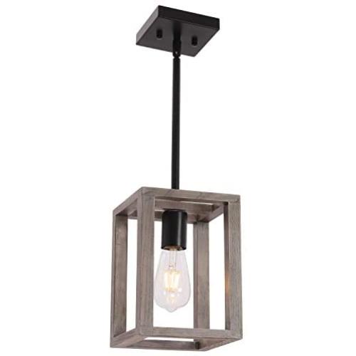 VINLUZ Kitchen Island 1-Light Fixture Farmhouse Wood Accents Frame Pendant Square, Black Metal Finish Dining Room Lighting Fixture Hanging, Modern Industrial Style