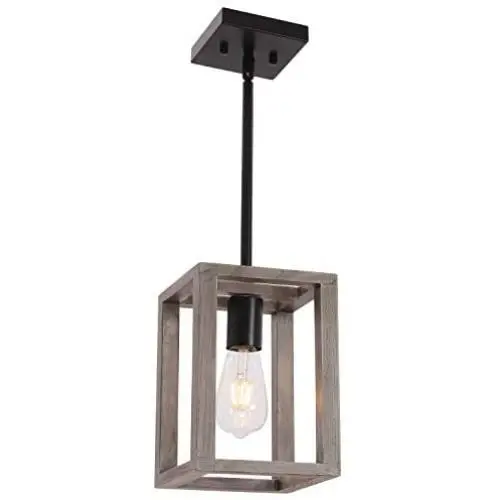 VINLUZ Kitchen Island 1-Light Fixture Farmhouse Wood Accents Frame Pendant Square, Black Metal Finish Dining Room Lighting Fixture Hanging, Modern Industrial Style VINLUZ Kitchen Island 1-Light Fixture Farmhouse Wood Accents Frame Pendant Square, Black Metal Finish Dining Room Lighting Fixture Hanging, Modern Industrial Style