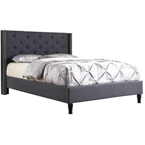 Life Home Premiere Classics Cloth Charcoal Blue Linen 51'' Tall Headboard Platform Bed with Slats Queen - Complete Bed 5 Year Warranty Included 007