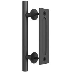 SMARTSTANDARD 12 Inch Sliding Barn Door Handle, Pull and Flush Hardware Set, Black Powder Coated Finish, Large Rustic Two-Side Design