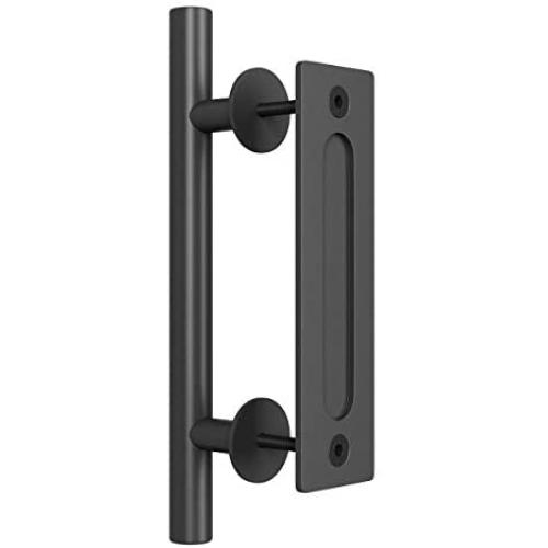 SMARTSTANDARD 12 Inch Sliding Barn Door Handle, Pull and Flush Hardware Set, Black Powder Coated Finish, Large Rustic Two-Side Design