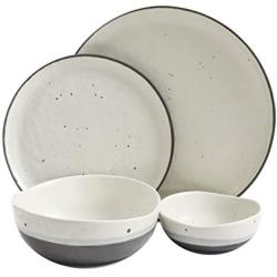 Gibson Elite Rhinebeck Round Reactive Glaze Double Bowl Stoneware Dinnerware Set, Service for Four (16pcs), White and Black