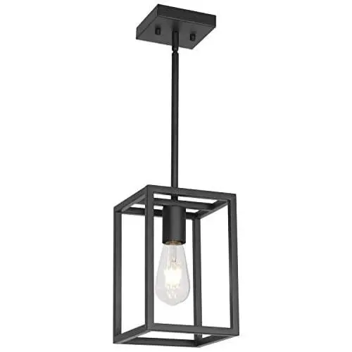 VINLUZ Industrial Metal Lantern 1 Light Kitchen Pendant Light Mini Black Finish Lighting Fixture Adjustable Hanging Ceiling Light for Dining Room Kitchen Cafe Bar
