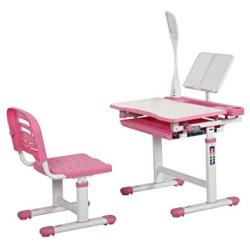 Diroan Kids Functional Desk and Chair Set, Height Adjustable Children School Study Desk with Tilt Desktop, Book Stand, LED Light, Metal Hook and Storage Drawer for Boys Girls (Pink)