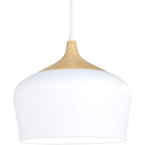 Karmiqi Modern Pendant Light, Bulb Included, Wood Pattern Ceiling Light Fixtures with Metal Shade, Hanging Light for Kitchen, Dining Room, Living Rooms, Hallway(White)
