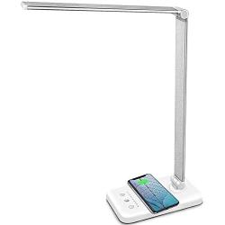 MCHATTE LED Desk Lamp with Wireless Charger, USB Charging Port, Dimmable Eye-Caring Desk Light with 5 Brightness Levels & 5 Lighting Modes, Touch Control, Auto Timer (White)