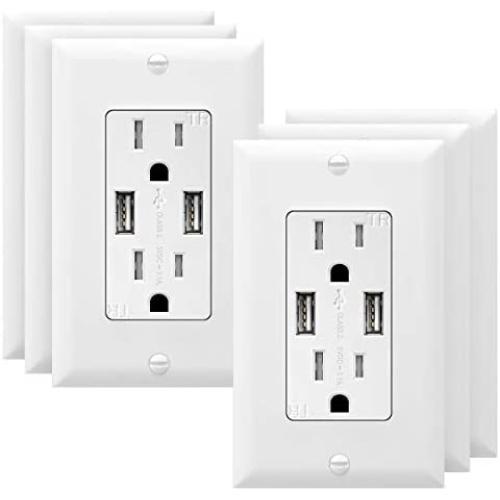 TOPGREENER 3.1A USB Wall Outlet Charger, 15A Tamper-Resistant Receptacles, Compatible with iPhone SE/11/XS/XR/X/8, Samsung Galaxy S20/S10/S9/Note, LG, HTC & More, UL Listed, TU2153A, White 6 Pack