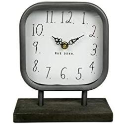 Rae Dunn Desk Clock - Battery Operated Modern Metal Rustic Design with Wooden Base for Bedroom, Office, Kitchen - Small Classic Analog Display - Chic Home Décor for Desktop Table, Countertop