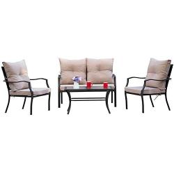 Kullavik 4 Pieces Patio Furniture Set Outdoor Conversation Set Steel Frame Sectional Chat Sofa with 4 Seats, 4 Cushions & 1 Tempered Glass Coffee Table, Sand