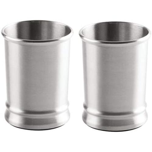 mDesign Modern Round Metal Tumbler Cup for Bathroom Vanity Countertops for Rinsing, Drinking, Storing Dental Accessories and Organizing Makeup Brushes, Eye Liners - 2 Pack - Brushed