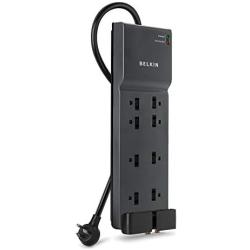 Belkin 8-Outlet Home And Office Surge Protector, Telephone Line And Flat AC Plug, 12ft Cord
