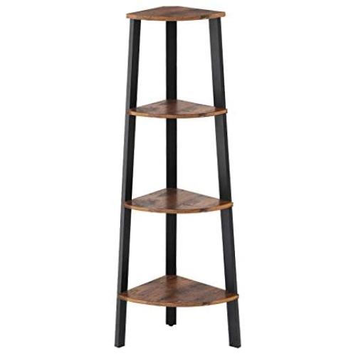 VASAGLE Industrial Corner Shelf, 4-Tier Bookcase, Storage Rack, Plant Stand for Home Office, Wood Look Accent Furniture with Metal Frame, Rustic Brown ULLS34X