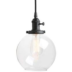 Pathson Black Pendant Light with Globe Round Glass Shade, Metal Base Cap and Adjustable Textile Cord, Industrial Style Retro Hanging Lamps for Dining Room Kitchen Island