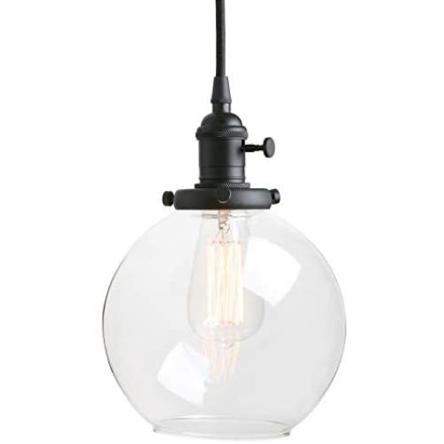 Pathson Black Pendant Light with Globe Round Glass Shade, Metal Base Cap and Adjustable Textile Cord, Industrial Style Retro Hanging Lamps for Dining Room Kitchen Island