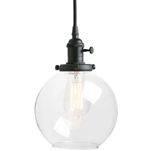 Pathson Black Pendant Light with Globe Round Glass Shade, Metal Base Cap and Adjustable Textile Cord, Industrial Style Retro Hanging Lamps for Dining Room Kitchen Island