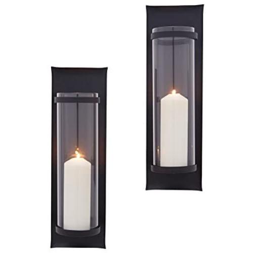 Danya B Metal Pillar Candle Sconces with Glass Inserts - A Wrought Iron Rectangle Wall Accent (Set of 2), Black Danya B Metal Pillar Candle Sconces with Glass Inserts - A Wrought Iron Rectangle Wall Accent (Set of 2), Black