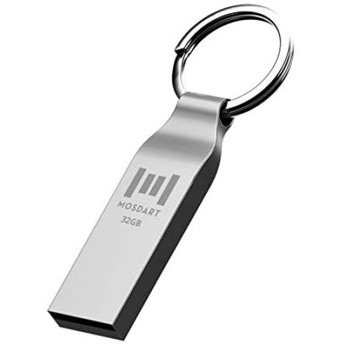 32GB Waterproof USB 2.0 Flash Drive Metal Thumb Drive with Keychain 32 GB Compact Jump Drive 32G Memory Stick for Storage and Backup by MOSDART，Silver