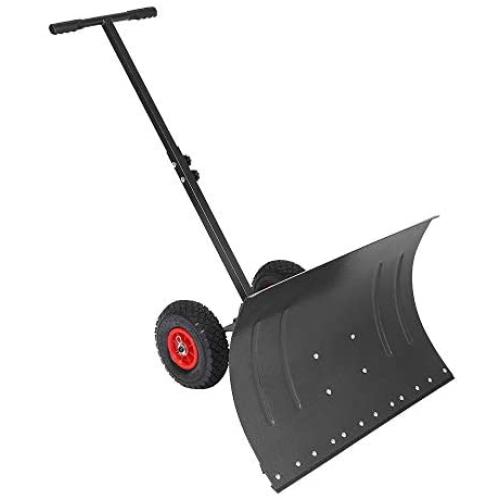 TUFFIOM Wheeled Snow Shovel Pusher ,Metal Rolling Removal Tool with Multi-Angle Heavy Duty Large Blade Plow & Height Adjustable Handle for Doorway Driveway or Pavement Clearing