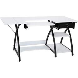 Sewing Craft Table, Sewing Machine Desk with Adjustable Folding Shelves and Storage Drawer, X Frame Sturdy Multipurpose Sewing Desk, White MDF, 57.1×23.6×29.9 inches