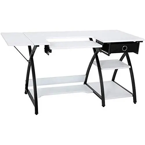 Sewing Craft Table, Sewing Machine Desk with Adjustable Folding Shelves and Storage Drawer, X Frame Sturdy Multipurpose Sewing Desk, White MDF, 57.1×23.6×29.9 inches Sewing Craft Table, Sewing Machine Desk with Adjustable Folding Shelves and Storage Drawer, X Frame Sturdy Multipurpose Sewing Desk, White MDF, 57.1×23.6×29.9 inches