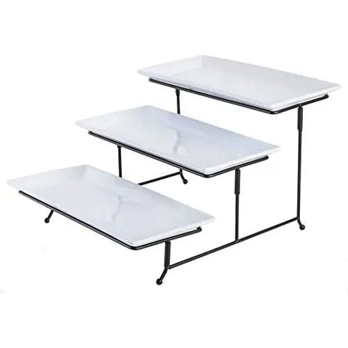 Gibson Elite Gracious Dining Dinnerware, 3-Tier Rectangle Plate Set with Metal Stand, White
