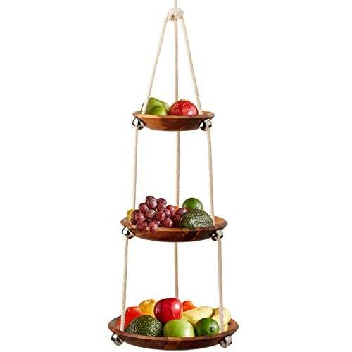 Hanging Fruit Basket 3 Tier - Acacia Wood - Kitchen Storage Organizer - Countertop Space Saver - Heavy Duty Cotton Rope - Adjustable in Height