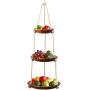 Hanging Fruit Basket 3 Tier - Acacia Wood - Kitchen Storage Organizer - Countertop Space Saver - Heavy Duty Cotton Rope - Adjustable in Height