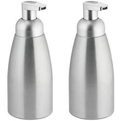 mDesign Modern Metal Foaming Soap Dispenser Pump Bottle for Kitchen Sink Countertop, Bathroom Vanity, Utility/Laundry Room, Garage - Save on Soap - Rust Free Aluminum - 2 Pack - Brushed/Silver