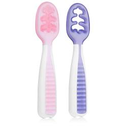 NumNum Pre-Spoon GOOtensils | Baby Spoon Set (Stage One + Stage Two) | BPA Free Silicone Self Feeding Utensil | #1 Doctor Recommended Baby Led Weaning Spoon for Kids Ages 6 Months+ (Lilac/Rosebud)