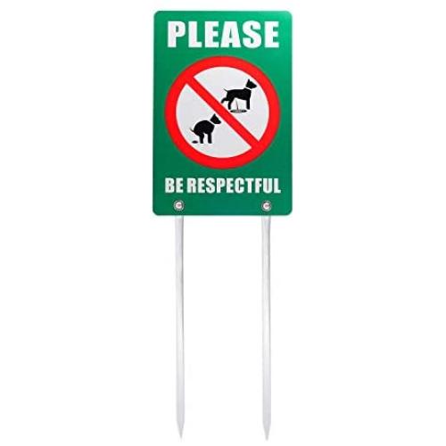 Kichwit Double Sided No Dog Poop Yard Sign, Please Be Respectful Sign, All Metal Construction, No Dog Pooping or Peeing Sign, Sign Measures 7.9'' x 11.8'', 14'' Long Metal Stakes Included, Green