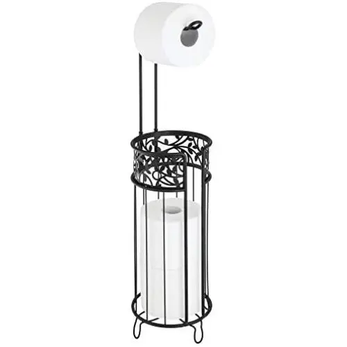 mDesign Metal Freestanding Toilet Paper Roll Holder Stand and Dispenser with Storage for 3 Rolls of Reserve Toilet Tissue - for Bathroom Storage Organizing - Holds Mega Rolls, Floral Pattern - Black mDesign Metal Freestanding Toilet Paper Roll Holder Stand and Dispenser with Storage for 3 Rolls of Reserve Toilet Tissue - for Bathroom Storage Organizing - Holds Mega Rolls, Floral Pattern - Black
