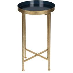 Kate and Laurel Celia Round Metal Foldable Tray Accent Table, Navy Blue with Gold Base