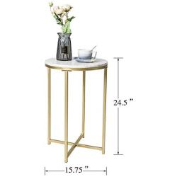 Round Side End Table with Marble Top&Gold Base, Modern Bedside Small Coffee Table for Bedroom Living Room, 16'' D 25'' H