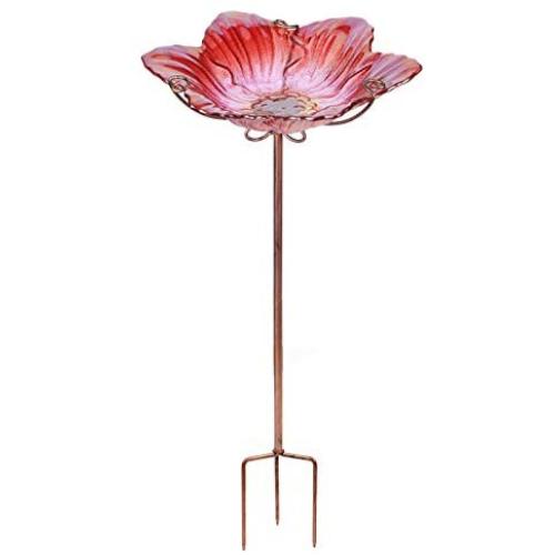 MUMTOP Bird Baths for Outdoors Glass Bird Bath Bowl Outdoor Bird Feeder Flower Pattern with Metal Stake for Garden, Yard and Lawn Decor (Red)