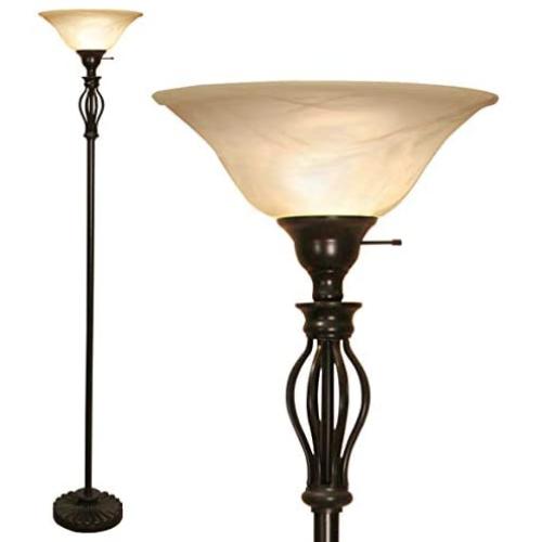 Floor Lamp for Living Room Decor by Light Accents - Tall Floor Lamp Bed Room Decor - Traditional Iron Scrollwork Standing Lamp Pole Light with Alabaster Glass Bowl Shade – 70'' Tall- (Bronze)