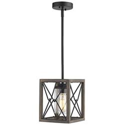 Zeyu 1-Light Farmhouse Pendant Light, Vintage Cage Hanging Light with Clear Glass Shade in Wood and Black Finish, 011-1 WF/BK