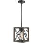 Zeyu 1-Light Farmhouse Pendant Light, Vintage Cage Hanging Light with Clear Glass Shade in Wood and Black Finish, 011-1 WF/BK