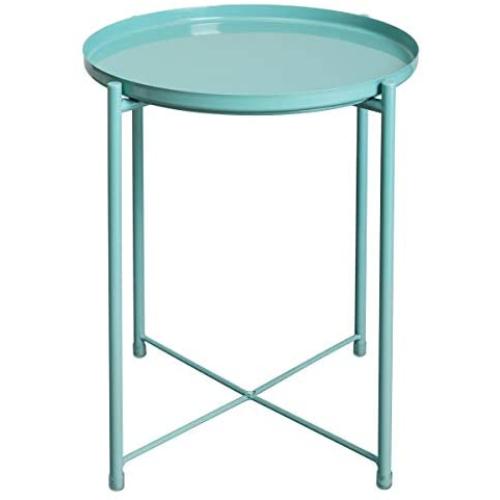 HollyHOME Tray Metal End Table, Sofa Table Small Round Side Tables, Anti-Rust and Waterproof Outdoor & Indoor Snack Table, Accent Coffee Table,（H） 20.28'' x（D） 16.38'', Blue