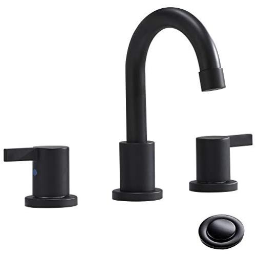 3-Hole Low-Arch 2-Handle Widespread Bathroom Faucets with Valve and Metal Pop-Up Drain Assembly,Matte Black by Phiestina, WF15-1-MB