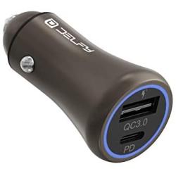 Delfy Tropo Metal - Fast Dual Car Charger - 2 Ports USB-A QC 3.0 USB-C PD 3.0-36W Quick Charge Power Adapter - Circuit Protection - iPhone 11/11 Pro/11 Pro Max/XS/XR/X/8, iPad Pro/Air/Mini, Samsung