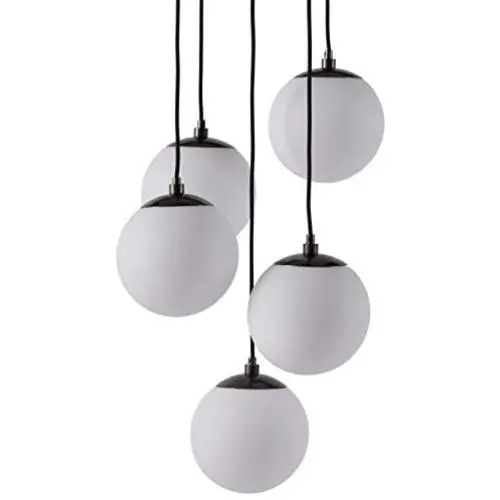 Amazon Brand – Rivet Eclipse Mid Century Modern 5-Globe Hanging Ceiling Pendant Chandelier Fixture - 20 x 20 x 48 Inches, Black Metal With Frosted Glass Globes