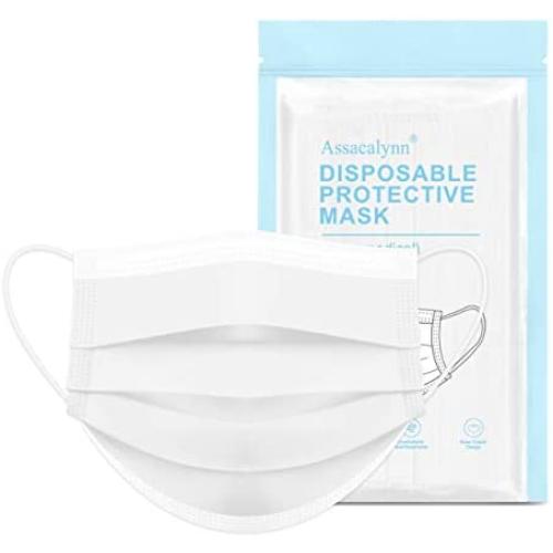 Assacalynn Disposable Face Masks White 50pcs, 3 Layer Disposable Masksfor Men Women