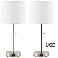 CO-Z White Table Lamp with USB Charger Set of 2, Modern Metal Desk Lamp in Brushed Nickel Finish, 21 inches in Height, USB Bedside Lamps for Office Bedroom Nightstand Accent.