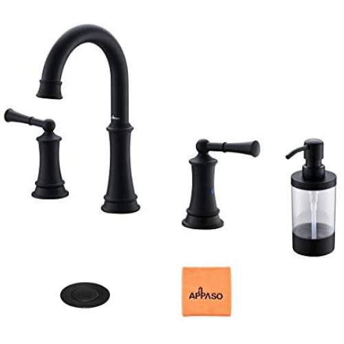 3 Hole Matte Black Widespread Bathroom Sink Faucet, 2 Handle Lavatory Vessel Faucets with Pop Up Drain Assembly and Soap Dispenser, APPASO 3 Hole Matte Black Widespread Bathroom Sink Faucet, 2 Handle Lavatory Vessel Faucets with Pop Up Drain Assembly and Soap Dispenser, APPASO