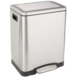 Amazon Basics 30L Dual Bin Soft-Close Trash can with Foot Pedal - 2 x 15 Liter Bins, Stainless Steel